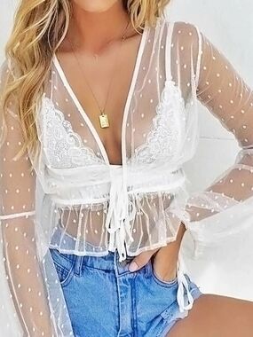 NWT EMBER White Sheer Polka Dot Tie-Front Lace Crop Top Feminine Layering Blouse